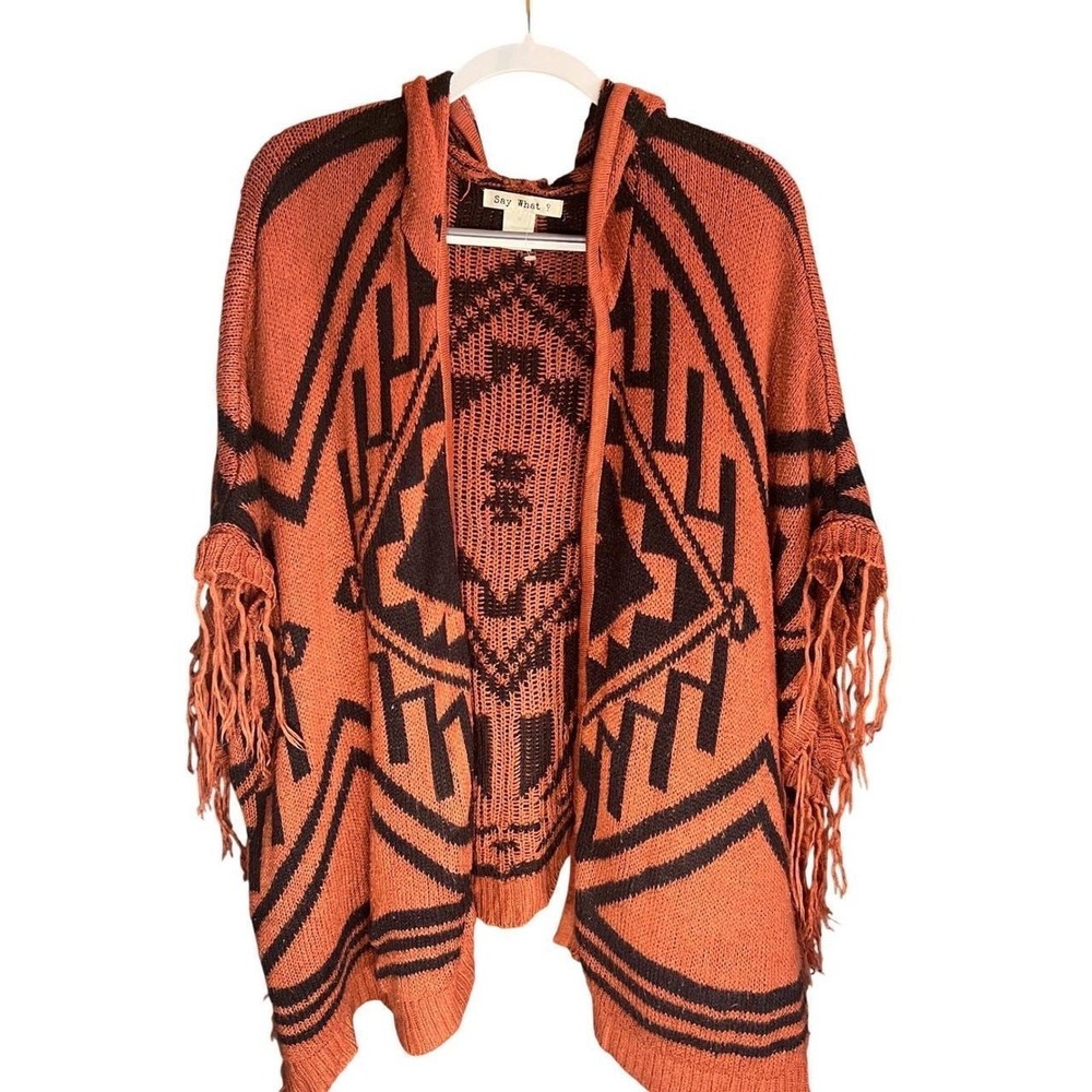 Say What Aztec Print Hooded Poncho Cardigan Women's M Orange Black Fringe